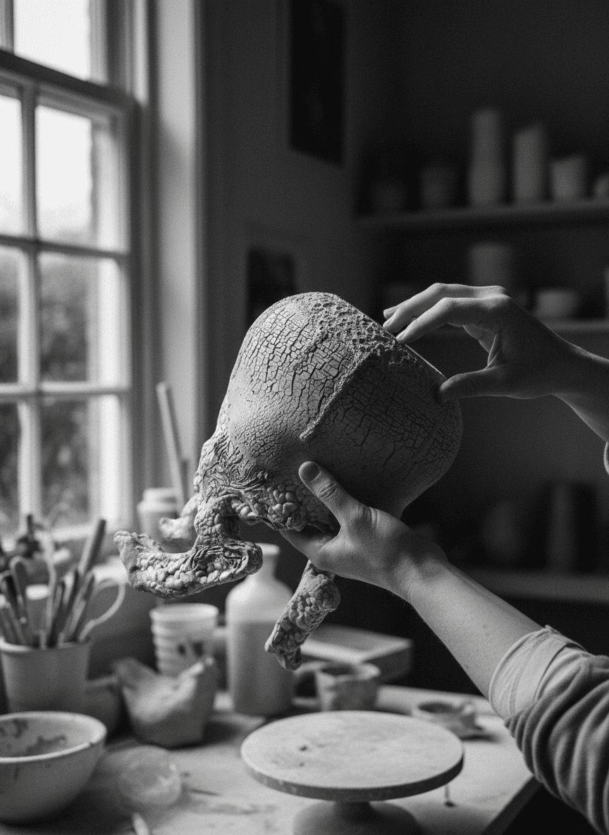 Hands shaping clay in the atelier