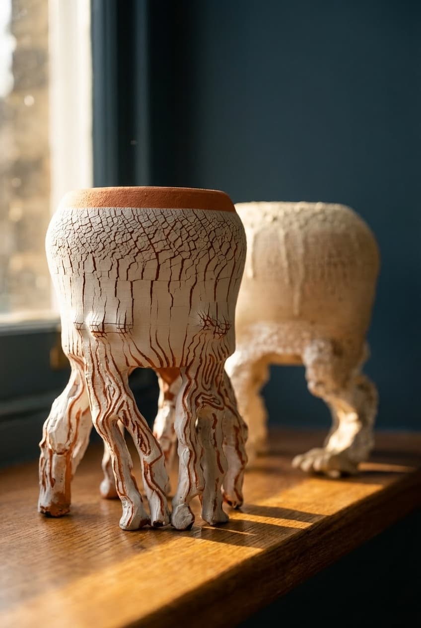 Close-up of sculptural vessels on marble mantelpiece
