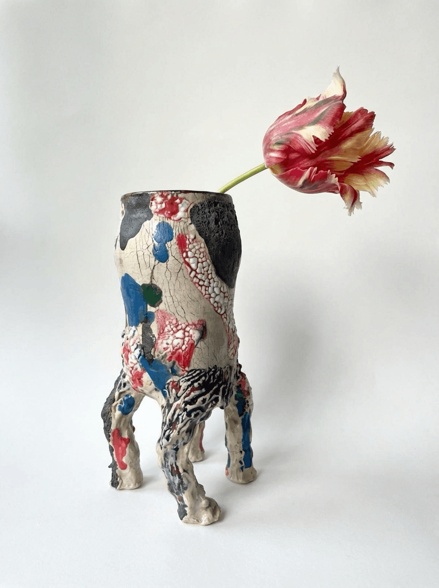 Colorful crackle vessel with tulip