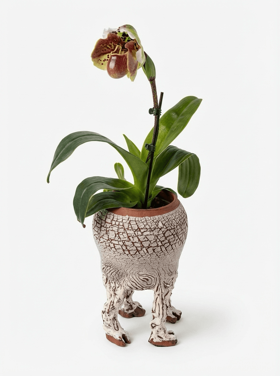 Crackle vessel with slipper orchid
